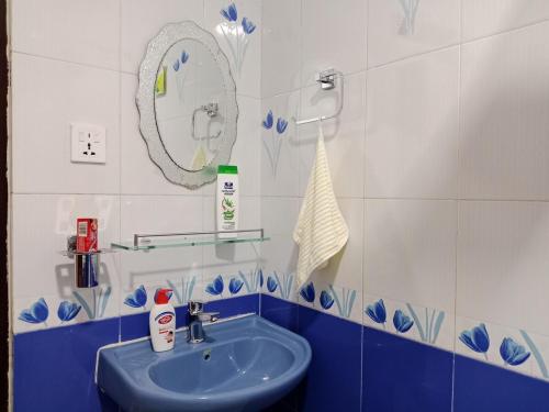 a bathroom with a sink and a mirror at Stupas, Temples and Coffee 2BR Flat in Kathmandu in Kathmandu