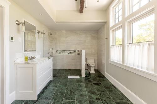 a bathroom with a shower and a sink and a toilet at Greycliff Mohonk Preserve Getaway in New Paltz
