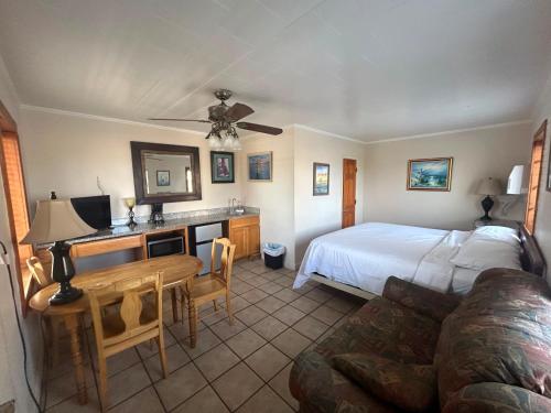 a bedroom with a bed and a desk and a couch at Seven Seas in Kure Beach
