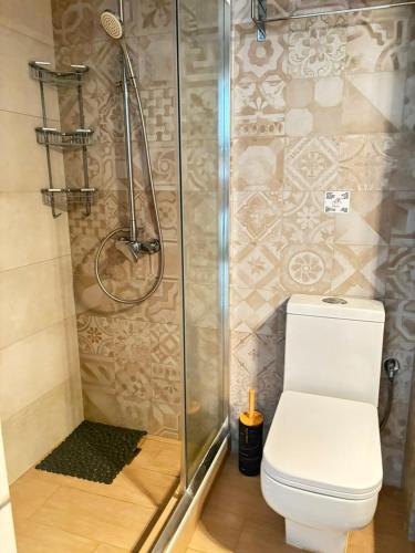 a bathroom with a shower and a toilet in it at Villa de Estrella in Agios Dimitrios