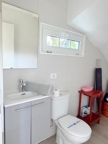a bathroom with a toilet and a sink and a window at Chalet independiente zona Coruxo in Oya