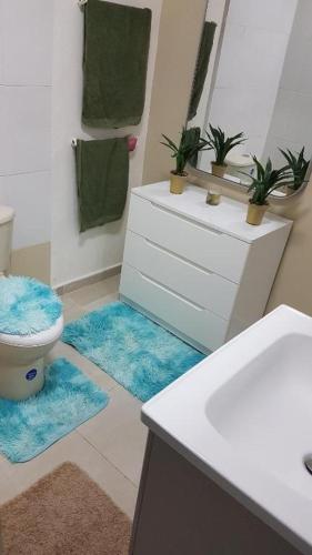 a bathroom with a toilet and a sink with rugs at Apartamento Finca Verde in Las Carreras