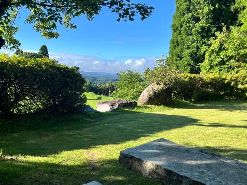a grassy field with trees and a stone bench at Guesthouse Coco Garage in Kirishima