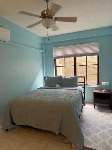 a bedroom with a bed and a ceiling fan at NMG Comforts in Roseau