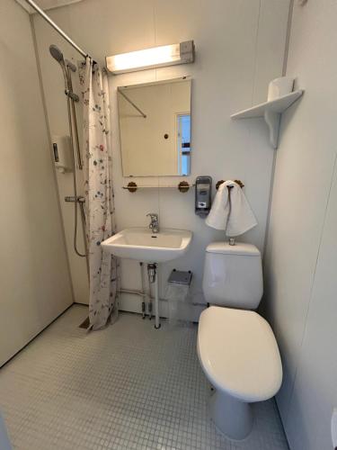 a small bathroom with a toilet and a sink at Halden Motell in Halden
