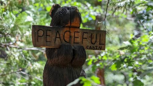 a sign in the shape of a bear in the woods at Peaceful Cabin in Idyllwild