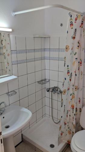 a bathroom with a shower curtain and a sink at Dora's Sweet Home in Mytikas