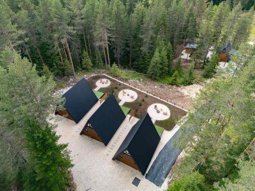 an overhead view of a building in the woods at Durmitor forest lodge in Žabljak
