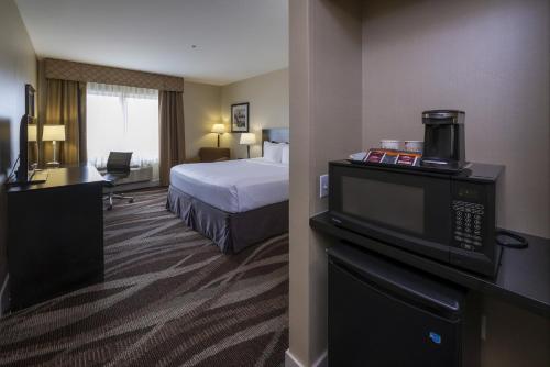 a hotel room with a bed and a television at Radisson Hotel Edmonton Airport in Leduc