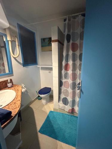 a bathroom with a toilet and a shower curtain at studio Sainte Anne 2mn a pieds de la plage in Sainte-Anne