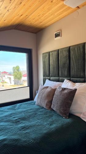 a bedroom with a bed with a large window at Monic Apart Zefir in Mechelinki