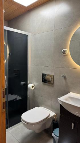 a bathroom with a toilet and a sink and a shower at Monic Apart Zefir in Mechelinki