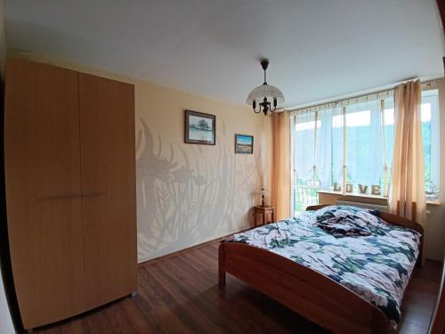 a bedroom with a bed and a large window at Apartament w Bieszczadach in Wołkowyja