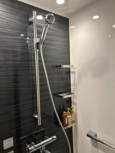 a shower in a bathroom with a sink at Guesthouse Lavande in Chino