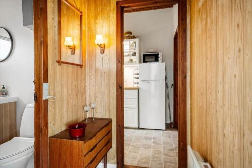 a kitchen with a refrigerator and a toilet in a room at 5020-Askeby-Faergensvaenge-18 in Askeby