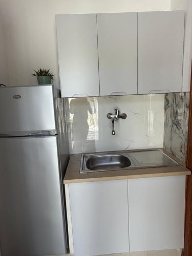 a kitchen with a sink and a refrigerator at Stone House in Vlorë