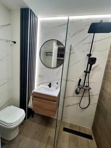 a bathroom with a toilet and a sink and a mirror at Refugio del Sur in San Carlos de Bariloche