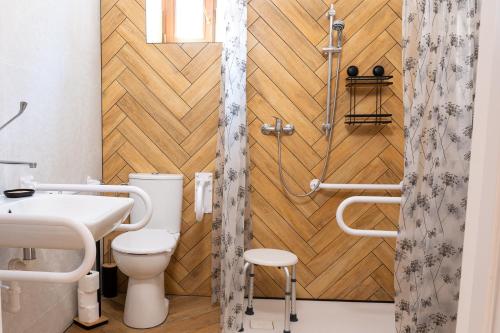 a bathroom with a toilet and a shower at Krępianka in Sandomierz