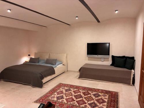 a bedroom with two beds and a flat screen tv at Leichtfried 1884 - Boutique Appartments in Möbersdorf