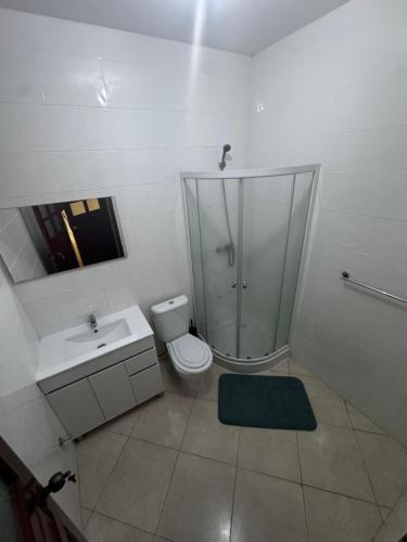 a bathroom with a shower and a toilet and a sink at Maddox's Place in São Filipe