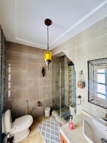 a bathroom with a shower and a toilet and a sink at Maison Céline in Sousse