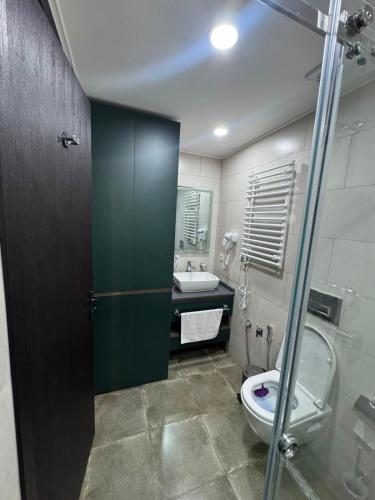 a bathroom with a toilet and a sink at Apartment Beach in Itʼkhvisi