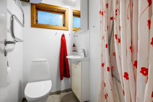a white bathroom with a toilet and a sink at SL365-Rude-Vejrovej-1 in Bisserup Strand