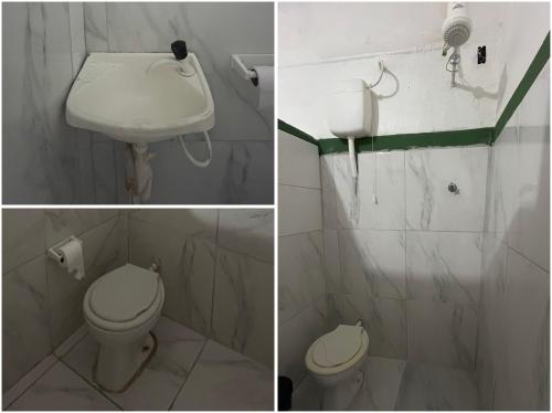 two pictures of a bathroom with a toilet and a sink at Pousada Açaí in Ilha Comprida