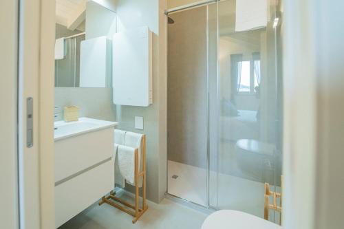 a bathroom with a shower and a sink and a toilet at Ulivo, Relax a due passi dal mare in San Lazzaro