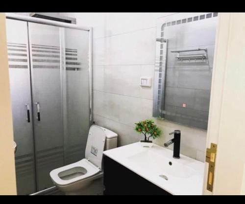 a bathroom with a toilet and a sink and a mirror at Casablanca chalet in Umm Nūwārah