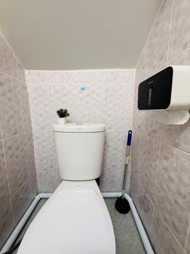 a bathroom with a toilet with a plant on top at Hee Pee hostel Buriram in Sathani Buriram