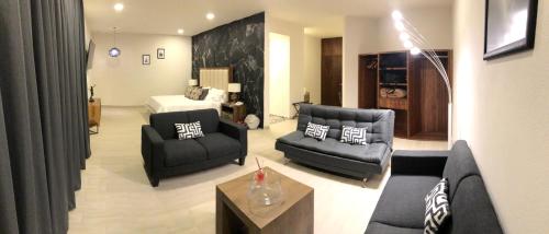 a living room with a couch and a bed at Casa Diamante Viñedos in Ezequiel Montes