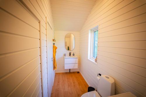 a small bathroom with a sink and a mirror at Holiday house close to nature in Glesborg
