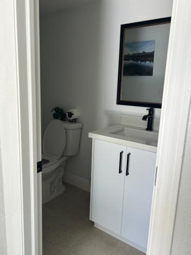 a bathroom with a toilet and a television on a counter at cozy bohemian in North Miami