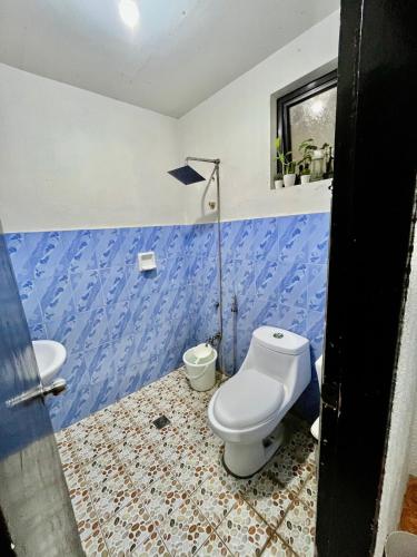 a blue and white bathroom with a toilet and a sink at Beachside House with 2 bedrooms in Dalumpinas Oeste