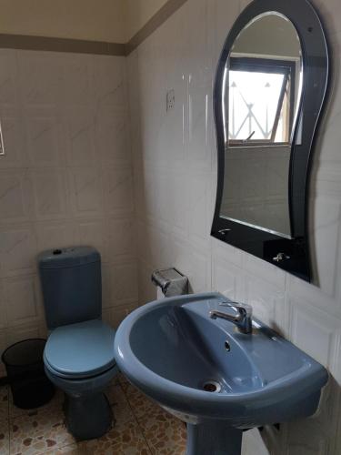 a bathroom with a sink and a toilet and a mirror at Rugems Executive Lodge in Lusaka