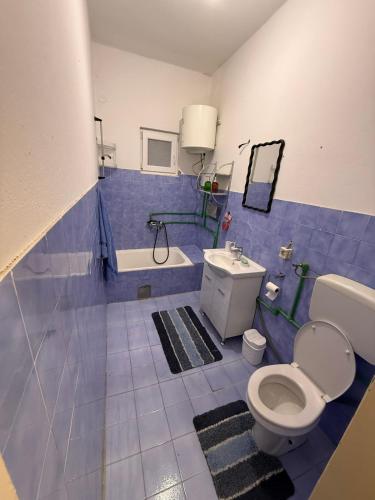 a blue tiled bathroom with a toilet and a sink at Old Town view apartment in Bar