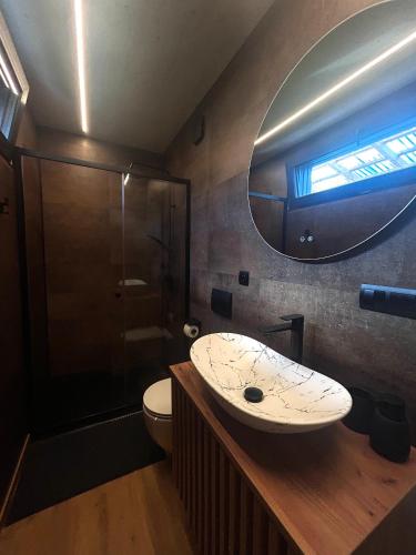 a bathroom with a sink and a toilet and a mirror at Glamping Hynkov in Příkazy