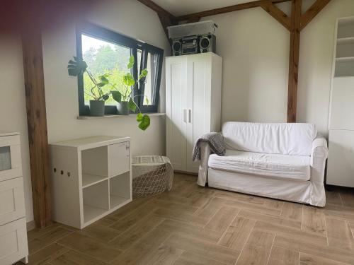 a living room with a white couch and a window at Chill and Grill Apartment in Wola Smolana