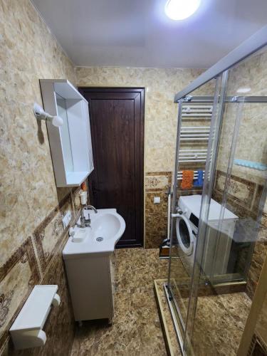 a bathroom with a sink and a shower and a toilet at bakuriani mix 504 in Bakuriani