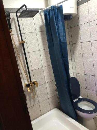 a bathroom with a toilet and a blue shower curtain at AFRAAH GUEST House 2 in Yaoundé