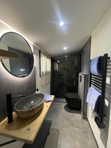 a bathroom with a sink and a toilet and a mirror at A Villa Rosa in Santa-Maria-di-Lota