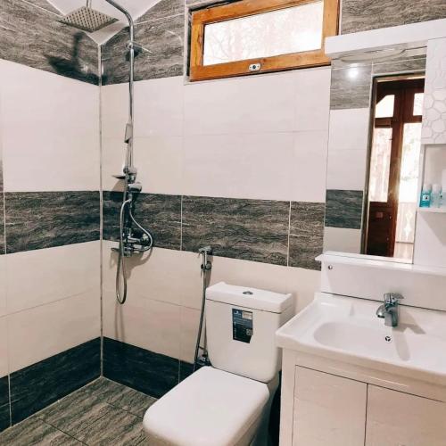 a bathroom with a toilet and a sink and a shower at Narınqala Hotel in Sheki