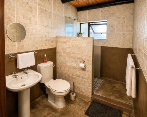 a bathroom with a toilet and a sink and a shower at Singwe Private Safari Lodge Kruger in Marloth Park