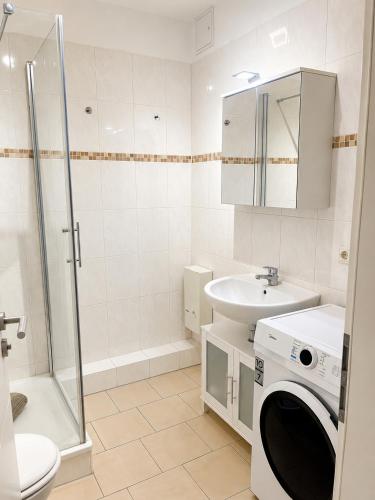 a bathroom with a shower sink and a washing machine at Modernes Design-Apartment mit Balkon & WLAN in Bautzen