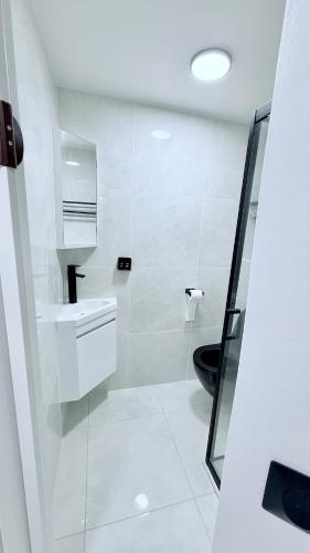 a white bathroom with a toilet and a sink at Studio cosy Ducos in Ducos
