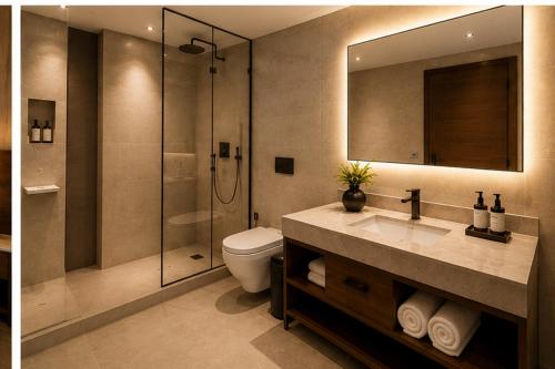 a bathroom with a toilet and a sink and a shower at هوتيل بوسيك - Bosque Hotel in Hurghada