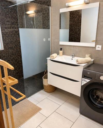 a bathroom with a sink and a washing machine at L' Aurore de Cassandre in Saint-Paul