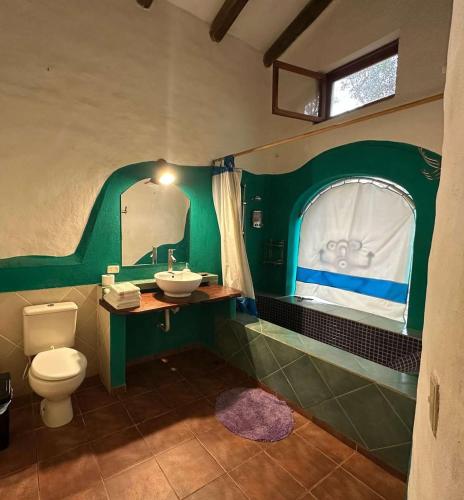 a green bathroom with a toilet and a sink at Hotel el Amanecer in Samaipata