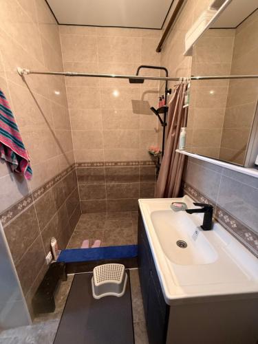 a bathroom with a shower and a sink at Гостевой дом БАЯН in Cholpon-Ata